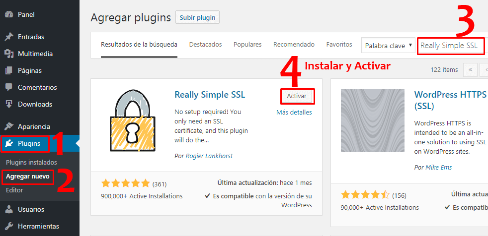 Instalar plugin SSL en sitio web con WordPress